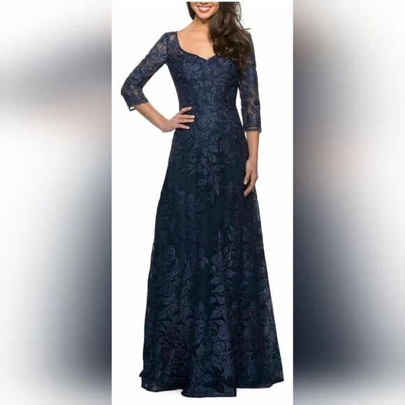 La Femme 28053 Floral Embroidered Mesh A-Line Gown Navy Women's Size 8 NWT Blue - Picture 1 of 5
